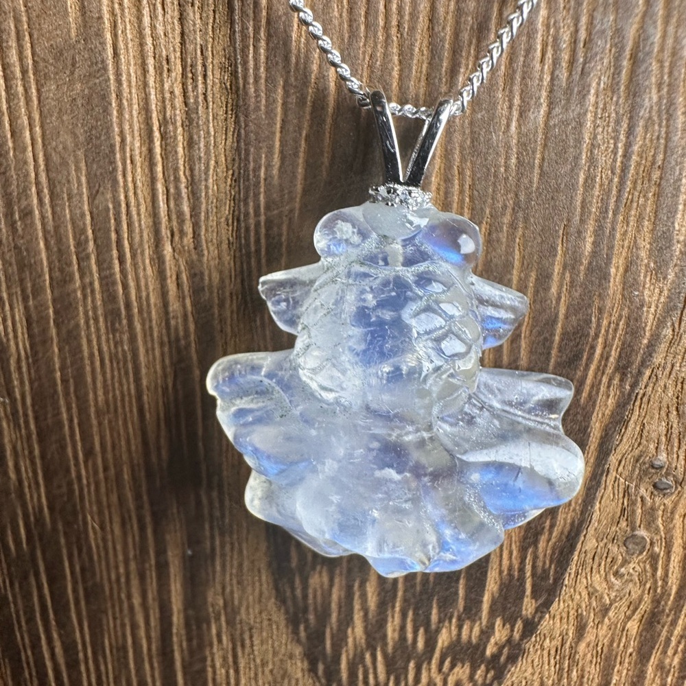 Blue Flash Moonstone Goldfish Pendant Necklace on Sterling Silver Box Chain - Picture 6 of 15